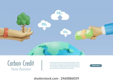 Carbon credit, reducing CO2 emission by growing tree. Hand holding tree to gain money from carbon credit. Ecology, clean environment and green investment. 3D vector.