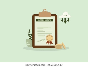 Documento de Certificación de Créditos de Carbono con Reducción de CO2. Certificado de créditos de carbono de Profesional sobre Portapapeles que demuestra la sostenibilidad ambiental de la reducción de emisiones de CO2. Vector 