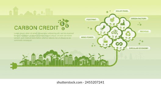 Carbon credits Concept. about the amount of greenhouse gases for the environment and reducing carbon dioxide emissions. Green icon on green background.