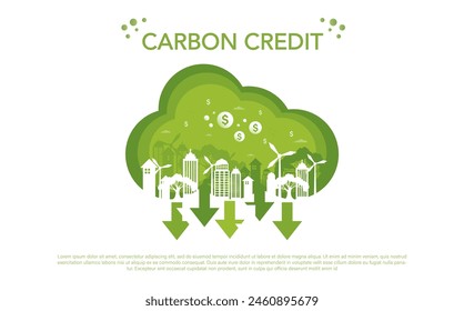 Créditos de carbono Concepto. sobre la cantidad de gases de efecto invernadero para el medio ambiente y la reducción de las emisiones de dióxido de carbono en varios sectores industriales. Ilustración vectorial verde.