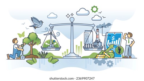 Carbon credits market to change CO2 emissions for money outline concept. Climate protection strategy with green and sustainable energy exchange to air pollution for financial cost vector illustration