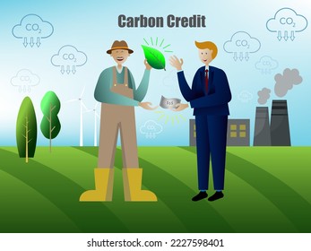 Créditos de carbono, emisiones netas cero, tecnología limpia, concepto de energía renovable. Los empresarios y los agricultores están intercambiando créditos de carbono.