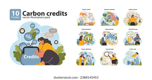 Carbon credits set. Professionals managing CO2 emissions. Emission reduction, carbon market, and Kyoto protocol. Engaging in eco-friendly practices. Flat vector illustration.