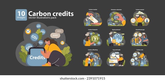 Carbon credits set. Professionals managing CO2 emissions. Emission reduction, carbon market, and Kyoto protocol. Engaging in eco-friendly practices. Flat vector illustration.