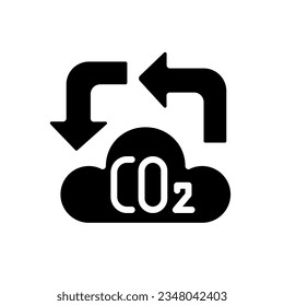 Carbon cycle black glyph icon. Reduce atmosphere pollution. Green house effect. Eco friendly industry. Silhouette symbol on white space. Solid pictogram. Vector isolated illustration