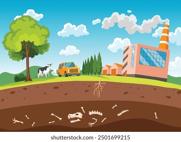 Carbon cycle, part of the biogeochemical cycle. Science education concept illustration with nature farm landscape and soil layer. Soil carbon with greenhouse gases absorption