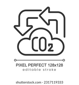 Carbon cycle pixel perfect linear icon. Reduce atmosphere pollution. Eco friendly industry. Thin line illustration. Contour symbol. Vector outline drawing. Editable stroke. Poppins font used