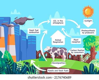 Ilustración de la descomposición orgánica y animal en combustibles fósiles en el proceso del ciclo del carbono