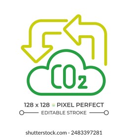 Carbon cycle two color line icon. CO2 and cloud with arrows bicolor outline symbol. Climate change. Greenhouse gases. Carbon footprint. Duotone linear pictogram. Isolated illustration. Editable stroke