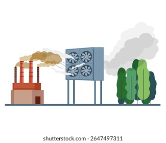 carbon dioxide capture and storage using huge filter fan plant that separating atmosphere air into fresh air and filter pure CO2 vector illustration