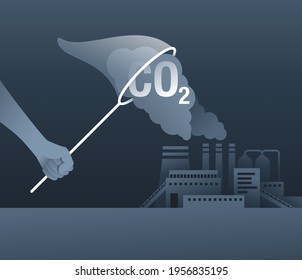 Carbon Dioxide Capture Technology - net CO2 footprint development strategy. Vector illustration with metaphor - catching butterflies