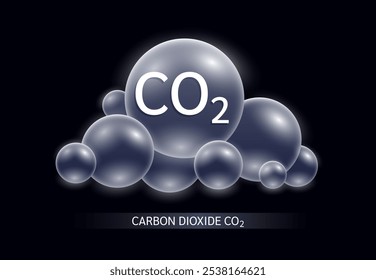 Dióxido de carbono CO2 en gris nublado flotando sobre fondo negro. Las emisiones de contaminación atmosférica con tubos industriales de combustión de combustible causan gases de efecto invernadero. Concepto científico de bioquímica ecológica. Vector