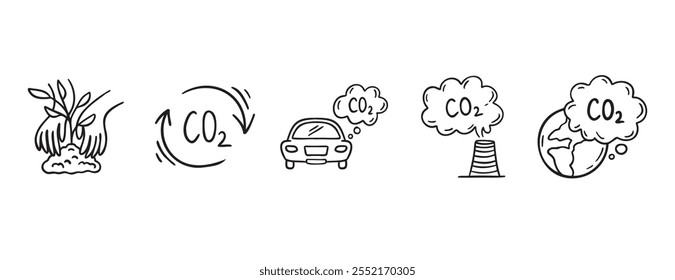 Dióxido de carbono CO2 terra poluição do ar rabiscar ícone desenhado à mão. Desenho de contorno do símbolo de clipart de linha de CO2. Ilustração de vetor de esboço de gás de emissão de fábrica. Ilustração vetorial