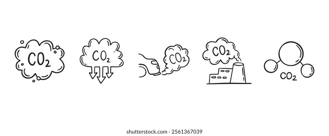 Carbon dioxide CO2 earth air pollution doodle hand drawn icon. Outline drawing CO2 line clipart symbol. Factory emission gas sketch vector illustration. Vector illustration