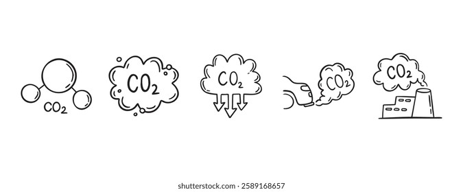 Carbon dioxide CO2 earth air pollution doodle hand drawn icon. Outline drawing CO2 line clipart symbol. Factory emission gas sketch vector illustration. Vector illustration