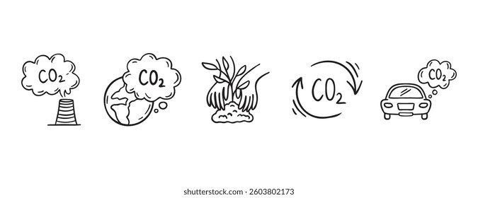 Carbon dioxide CO2 earth air pollution doodle hand drawn icon. Outline drawing CO2 line clipart symbol. Factory emission gas sketch vector illustration. Vector illustration