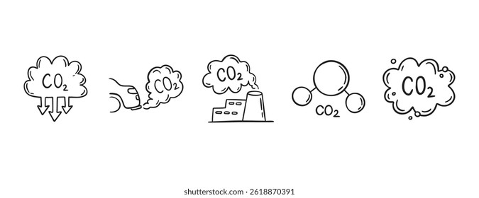 Carbon dioxide CO2 earth air pollution doodle hand drawn icon. Outline drawing CO2 line clipart symbol. Factory emission gas sketch vector illustration. Vector illustration