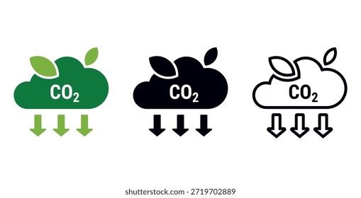 Concepto de reducción de emisiones de CO2 de dióxido de carbono ilustrado con iconos de nube ecológica | Iconos de reducción de emisiones de carbono de CO2 establecidos con Green Eco Cloud y Flechas hacia abajo | Iconos vectoriales para reducir las emisiones de CO2 para detener el cambio climático | Iconos de cero emisiones netas y objetivos de calentamiento global