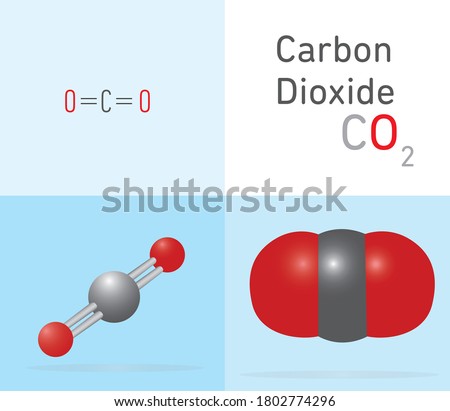 Carbon Dioxide (CO2) gas molecule. Two different molecule model and chemical formula. Ball, stick and Space filling model. Structural Chemical Formula and Molecule Model. Chemistry Education