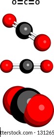 Carbon dioxide (CO2) greenhouse gas molecule, chemical structure. Three representations: 2D skeletal formula, 3D space-filling model and 3D ball-and-stick model.