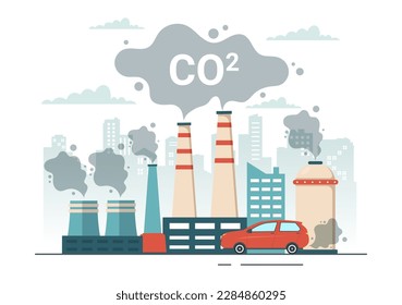 Ilustración de CO2 o dióxido de carbono para salvar el planeta Tierra del cambio climático como resultado de la contaminación de las fábricas y los vehículos en las plantillas dibujadas a mano