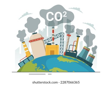 Ilustración de CO2 o dióxido de carbono para salvar el planeta Tierra del cambio climático como resultado de la contaminación de las fábricas y los vehículos en las plantillas dibujadas a mano