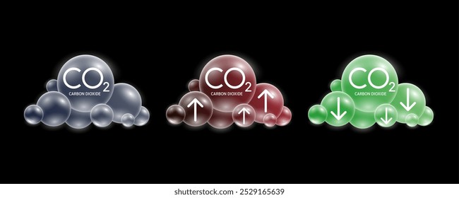 Modelos de CO2 de dióxido de carbono en gris nublado rojo verde con flechas arriba y abajo. La contaminación atmosférica con tuberías industriales causa gases de efecto invernadero. Ecología y bioquímica. Vector.