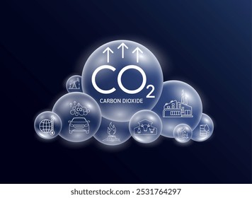 Modelos de CO2 de dióxido de carbono en nubes grises. La contaminación atmosférica con tuberías industriales causa gases de efecto invernadero. Concepto de ecología y bioquímica. Vector EPS10.