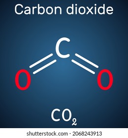 Carbon dioxide, CO2 molecule. It is carbonic anhydride, one-carbon compound in which carbon is attached to each oxygen atom by double bond. Structural chemical formula, dark blue background. Vector 