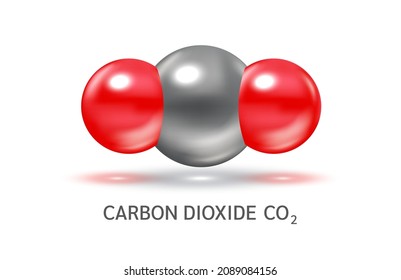 Carbon Dioxide CO2 molecule models grey and chemical formulas scientific. Ecology and biochemistry concept. Air pollution emissions contamination with industrial pipes. Isolated spheres 3D Vector.