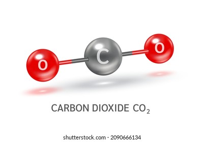 CO2-Molekül-Modelle grauer und chemischer Formeln wissenschaftlich. Konzept der Ökologie und Biochemie. Verunreinigung der Luft mit Industrierohren. Isolierte Kugeln 3D-Vektorgrafik.