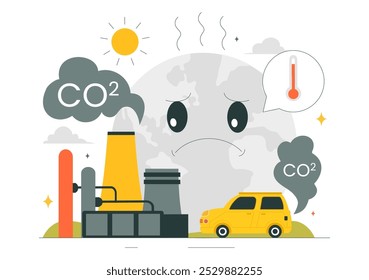 Dióxido de carbono ou ilustração de vetor de CO2 enfatizando a importância de salvar o planeta Terra das mudanças climáticas em um plano de fundo de desenhos animados