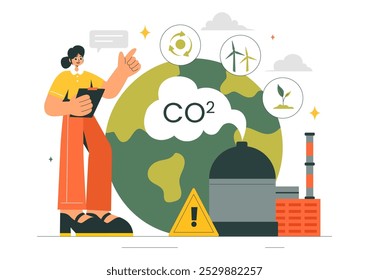 Dióxido de carbono ou ilustração de vetor de CO2 enfatizando a importância de salvar o planeta Terra das mudanças climáticas em um plano de fundo de desenhos animados