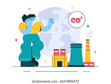 Dióxido de carbono ou ilustração de vetor de CO2 enfatizando a importância de salvar o planeta Terra das mudanças climáticas em um plano de fundo de desenhos animados de estilo plano