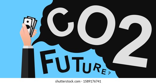Carbon dioxide and economy concept. Co2 smoke as air pollution symbol coming out of a businessman's sleeve while the hand is holding money.