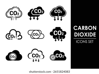 Ícones de Emissão de Dióxido de Carbono Representando Poluição e Impacto Ambiental Emissões de Gases das Mudanças Climáticas e de CO2 da Atmosfera com Gráficos Brancos