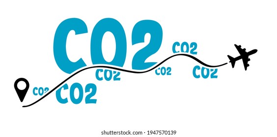 Carbon Dioxide Emissions. Airplane Destination Co2 Air Pollution. Flat Vector Plane Sign. CO2 Smog Warning. Climate Change And Global Warming, Save The Planet.