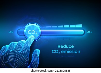 Carbon dioxide emissions control concept. Reduce CO2 level. Wireframe hand is pulling to the minimum position carbon dioxide progress bar. CO2 reduction or removal concept. Vector illustration.