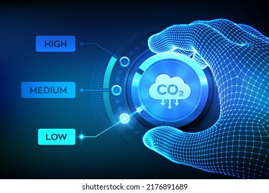 Carbon dioxide emissions control. Reduce CO2 to limit global warming and climate change. Wireframe hand setting a carbon dioxide level button on lowest position. CO2 reduction. Vector illustration.