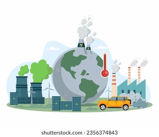 Carbon dioxide emissions and Environment contamination Industrial chimneys with heavy smoke causing air pollution.