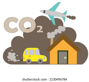 Carbon Dioxide Emissions. Scene Of CO2 Emission In The City By Plane, Car, House. Environmental Pollution, Urban Smog. Danger Of The Greenhouse Effect Climate And The Warming Of The Planet. Concept