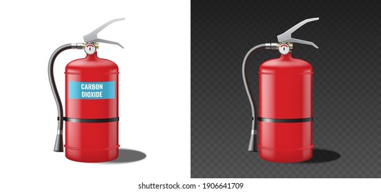 Carbon dioxide fire extinguisher, red realistic template mockup isolated. Portable fire extinguishing equipment. 3d vector illustration