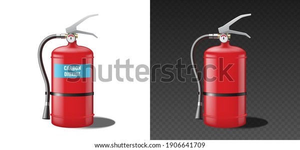 Carbon dioxide fire extinguisher, red\
realistic template mockup isolated. Portable fire extinguishing\
equipment. 3d vector\
illustration
