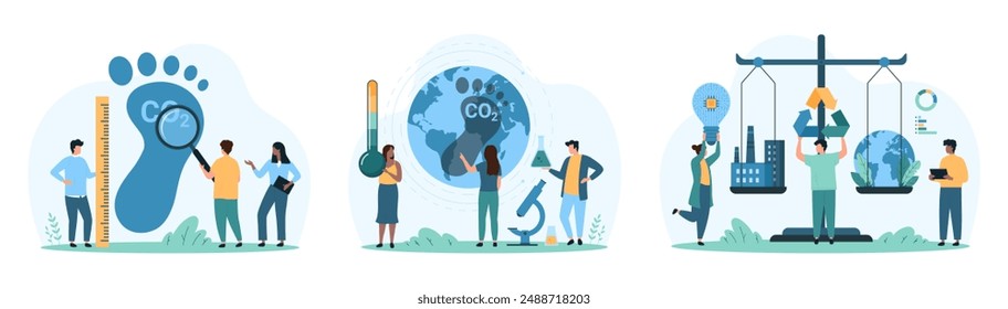 Carbon dioxide footprint, environmental pollution set. Tiny people measure big CO2 foot with ruler, thermometer and chemical test tube, research balance of emissions cartoon vector illustration