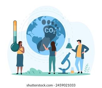 Huella de dióxido de carbono. Gente pequeña estudia el pie grande del CO2 en el globo de la tierra con el termómetro y el frasco de la prueba química para determinar el efecto de las emisiones en la Ilustración vectorial de la historieta del medio ambiente