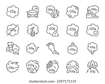 Carbon dioxide icon set. It included pollution, emission, smoke, air quality, pm 2.5 and more icons.