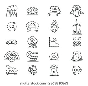 Carbon dioxide neutral CO line art icon set vector illustration. Capture and storage electric car molecule pollution cage solar panel recycling rubbish bin transport plant produce nature circulation