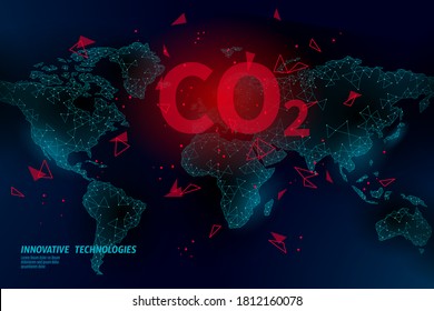 Carbon dioxide on map CO2 ecology problem eco concept. Renewable organic 3D render. Science biofuel chemistry biotechnology polygonal climatic greenhouse effect technology vector illustration