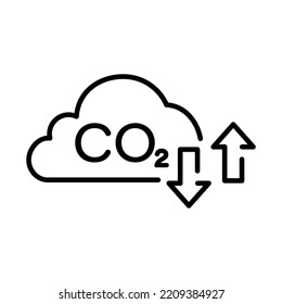 Contaminación por dióxido de carbono en el icono de la línea aérea. Pictograma de reducción de Greenhouse. CO2 con el icono de contorno de gases de emisión en la nube. Símbolo de contaminación atmosférica. Stroke editable. Ilustración de vectores aislados.