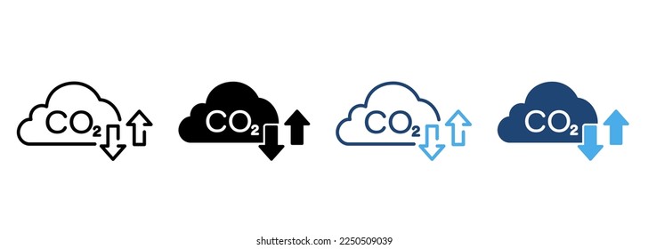 Carbon Dioxide Pollution in Air Line and Silhouette Icon Color Set. Reduction Greenhouse Pictogram. CO2 with Cloud Emission Gas Symbol Collection on White Background. Isolated Vector Illustration.